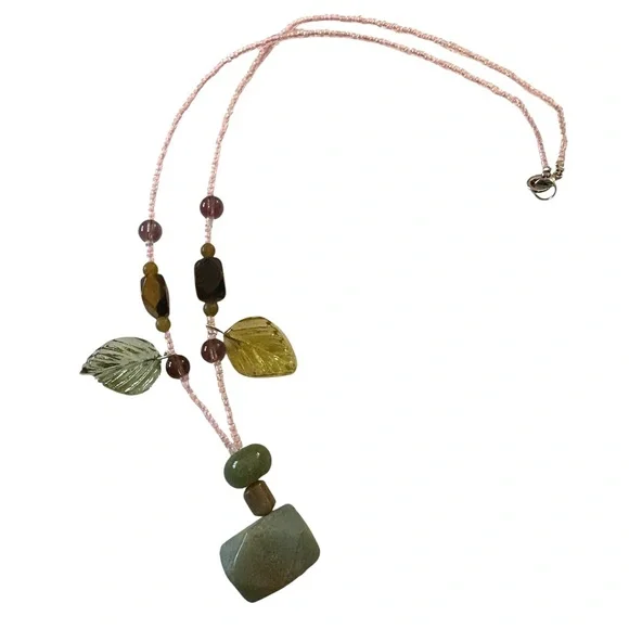 Seed Beaded Necklace with Stones and Glass Leaves with Lobster Claw Clasp - Picture 3 of 3